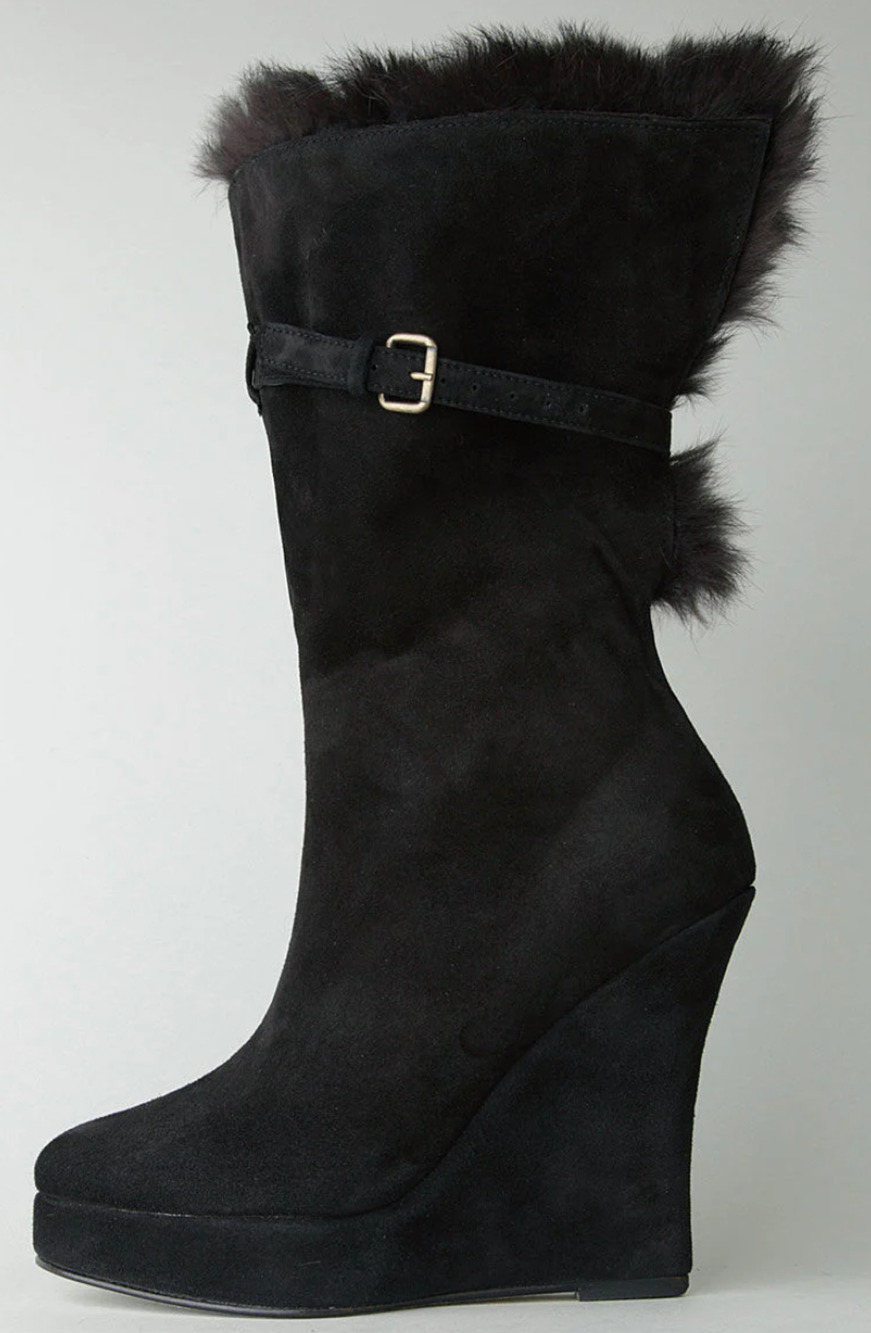 OPENING CEREMONY 2 In 1 Black Suede Fur Buckle Wedge Tall Ankle Boots 37 6.5